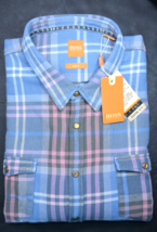 Hugo Boss Men&#39;s Edoslime Slim Fit Open Blue Check Flannel Cotton Sport Shirt 3XL - £57.49 GBP