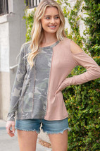 Taupe &amp; Camouflage Rib Color Block Cut-Out Top - £18.08 GBP