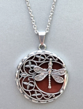 Natural Red Carnelian Moon &amp; Dragonfly Pendant Necklace Stainless Steel 20&quot; - £13.59 GBP