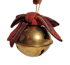 Large Brass Sleigh Jingle Bell Christmas Ornament w/ Plaid Flannel Bow Old Navy - £7.97 GBP