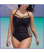 Black Sexy Big Girl Monokini Lace Up Open Sides One Piece Plus Size Swim... - £38.32 GBP