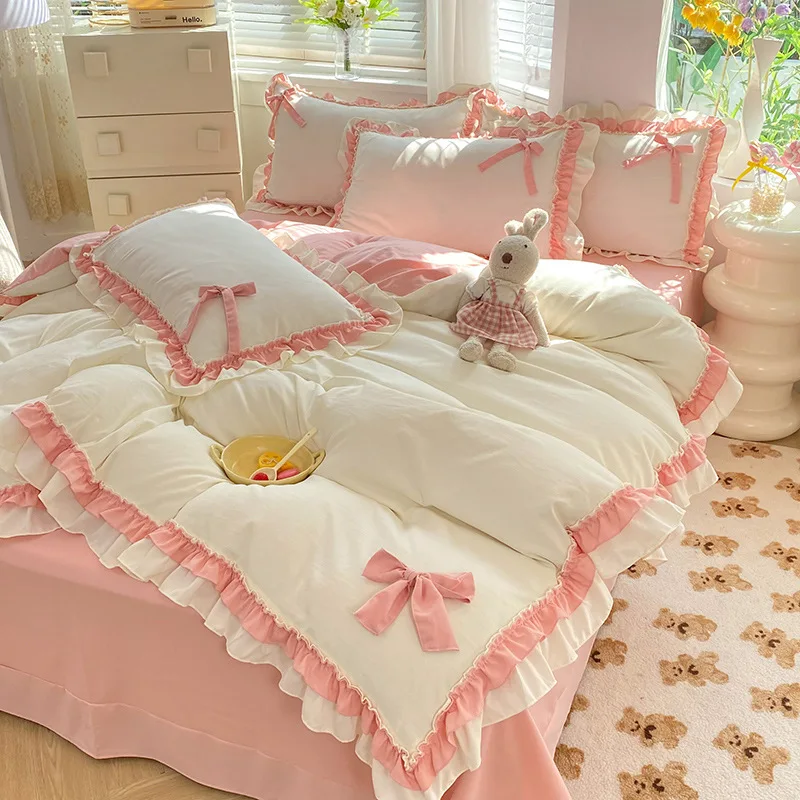 Pink Lace Ruffle Bowknot Duvet Cover Bed Skirt Linens Pillowcases Luxury... - £65.21 GBP+