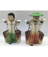 Vintage Ceramic Asian Water Carrier Figurines Pair Planters Green Pants ... - $308.87 MXN