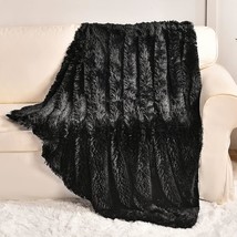 Black Faux Fur Throw Blanket,2 Layers,50&quot; X 60&quot;, Soft Fuzzy Fluffy Plush Furry C - £17.27 GBP