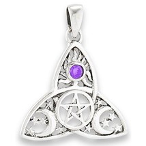 Pentacle Trinity Necklace 925 Sterling Silver Purple CZ Triple Goddess Pendant - £24.12 GBP