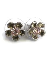 Silver Tone Flower Blossom Pink Rhinestone Accent Mini Stud Earrings - £18.38 GBP