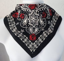 NEW Bandana Head Neck Biker Scarf Black &amp; White w/ Red Roses 100% Cotton... - $8.30