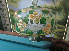 Covered Cake Stand Glass Hand Painted Footed Floral Green Clear Glass - £174.79 GBP