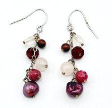 Sterling Silver Pink Gemstone Pearl Dangle Earrings - £18.58 GBP