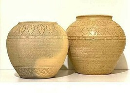 Two Pottery Pots Vases Planters Tan Arkansas Artist Signed Tony Lawson TL 7 Inch - £12.97 GBP