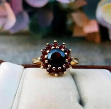 2.20Ct Round Lab Created Red Garnet Halo Engagement Rings 14K Yellow Gold Plated - £110.00 GBP