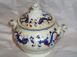 BOOTHS UMBRIA #3354 BLUE SCROLL EMBOSSED SCALLOP SUGAR BOWL w HANDLES - £22.15 GBP