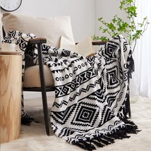 Black And White Decorative Blankets With Tassel, Printed Flannel Bohemian Throw - £32.05 GBP