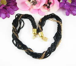 Multi Strand BLACK GLASS Bead NECKLACE Vintage TWISTED CHAIN Beaded Chok... - $19.79