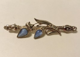 Blue Gemstone Pin Brooch Crystal Clear Rhinestone Silver Metal Floral Leaf  - £27.17 GBP