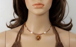 Boho Seed Bead Choker, Memory Wire Faux Banded Agate Pendant - $24.99