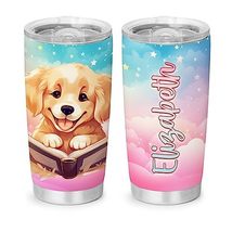 NETHOUSE Personalized Cute Golden Retriever Reading Book Tumbler 20 oz with Lid, - £15.62 GBP
