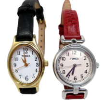 Lot of 2 Timex Womens Watches w/ Genuine Leather Wrist Bands Black and Red - £18.34 GBP