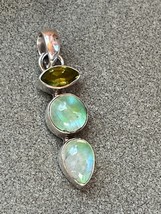 Small Pinched Oval Olive Green &amp; Light Green Labradorite or Moonstone Stone in - £19.28 GBP