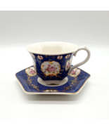 Graces Teaware Tea Cup Hexagon Saucer Set Rose Blue Gold Collector Displ... - £18.25 GBP
