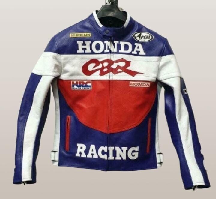 Giacca da motociclista Honda da uomo blu racing in vera pelle di mucca - $144.61+