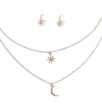 2Pcs Clear Rhinestone Layered Silver Chain Star Moon Fashion Necklace Set - £22.00 GBP