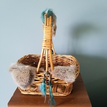 Native American Basket Woven Fur Handle Draped Handmade Vintage Decorative - £19.70 GBP