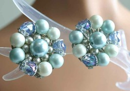 Elegant Ice Blue Faux Pearl &amp; Cut Glass Silver-tone Clip Earrings 1960s ... - $12.30