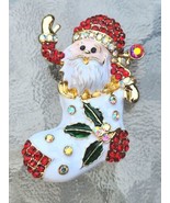 Austrian Crystal and Enamel Santa in Stocking Brooch Goldtone - £8.61 GBP