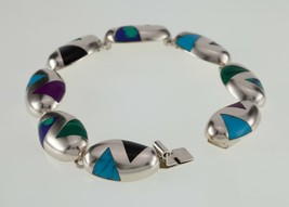 Vintage Mexico Sterling Silver Multi-Color Inlay Pie Cut Stone Bracelet 7.75&quot; - £287.99 GBP