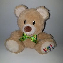 Happy Birthday Tan Teddy Bear Plush Green Polka Dot Bow Tie American Greetings - $12.58