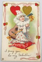 VTG Stecher Litho Young Boy Pierrot Clown w/ Guitar Valentines Day Postcard 313C - £9.53 GBP