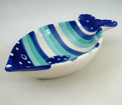 Indigo Sea Ceramic Fish Trinket Candy Dish Blue Aqua Teal Stripe White Polka Dot - £15.63 GBP