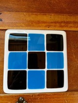 White w Black &amp; Blue Squares Fused Art Glass Trivet or Other Decoration ... - £11.90 GBP