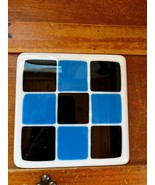 White w Black &amp; Blue Squares Fused Art Glass Trivet or Other Decoration ... - £11.86 GBP