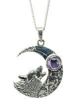 Howling Wolf Necklace Amethyst Crescent Moon 18&quot; Curb Chain 925 Silver With Box - £36.53 GBP