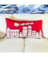 Holiday Christmas Crewel Embroidered Lumbar Pillow Santa Sleigh Rooftops... - $23.38