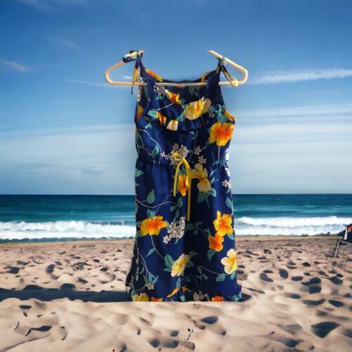 Primary image for Vintage Sears Hawaiian Fashions Girls Sleeveless Shift Dress Blue Yellow Flowers