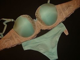 NWT Victoria&#39;s Secret 32D BRA SET XS thong BLUE beige crystallized beaded $80+ - $69.29