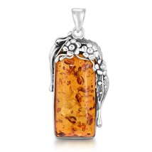 Enchanting Orange Amber Stone Bar &amp; Sterling Silver Ornate Vines Pendant Charm - £28.80 GBP