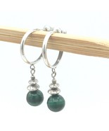 MALACHITE &amp; sterling silver half-hoop earrings w/ 8mm green stone bead d... - £19.60 GBP