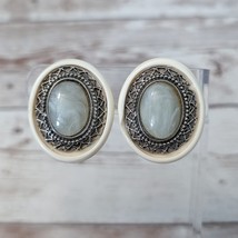 Vintage Clip On Earrings Oval Cream, Light Green, Silver Tone - Condition Issues - £10.38 GBP