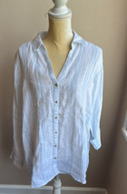 Jones New York Womens Sz L Linen Shirt Top New Stripe Blue Roll Tab Sleeve - $42.99