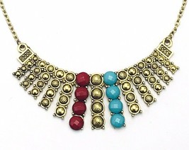 Antiqued Gold Tone Turquoise Red Acrylic Statement Necklace - £9.49 GBP