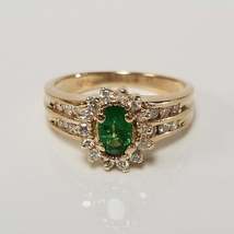 2.1Ct Oval Cut Green Emerald Diamond Halo Engagement Ring 14K Yellow Gold Finish - £81.60 GBP