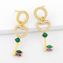 FA Gold Filled Love Heart Shape Key Lock Drop Earrings For Women Crystal Danglin - £8.43 GBP