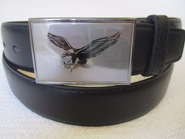 New Men&#39;s Casual Dress Leather Black Belt Grey Fashion Buckle Flying Eagle Logo - £5.46 GBP