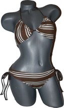 NWT LOVE TRUE LOVE bikini swimsuit striped L 2pc brown designer sexy side ties - £38.15 GBP