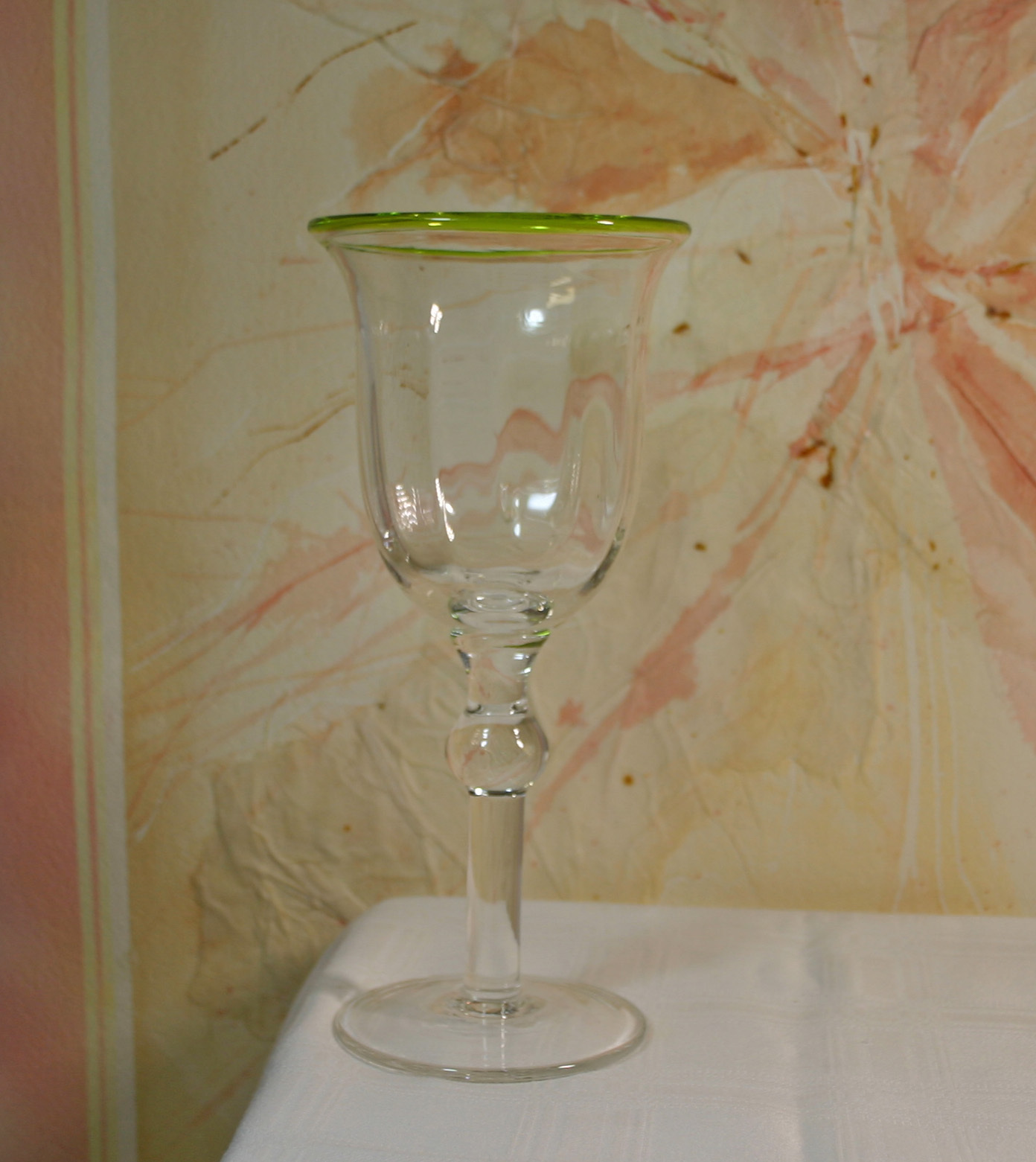 Primary image for Wine Glass w Light Green Rim, Hand blown Green glass stemware, goblet, glassware