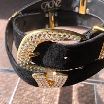 CACHE Black Suede Leather Gold METAL Hardware Rhinestones 1 1/4&quot; Wide Belt - £39.50 GBP
